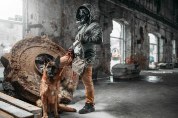 Stalker in gas mask and dog in ruins, survivors in danger zone after nuclear war. Post apocalyptic world. Post-apocalypse lifestyle, doomsday, judgment day 
