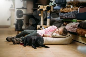 Little girl with puppy are sleep in pet shop. Kid with dog in petshop, goods for domestic animals