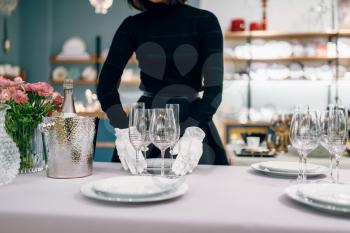 Waitress in gloves puts the dishes for dining, table setting. Serving service, festive dinner decoration, holiday dinnerware