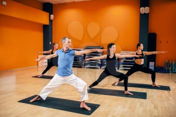 Yoga training class, female group with male trainer in action in gym. Yogi exercise indoor