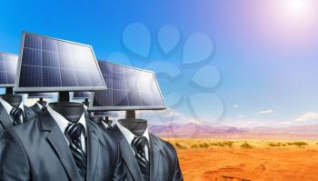 Men in suits with solar panels instead of a head. Robots businessmen in the desert, alternative electricity concept. Renewable sun power source