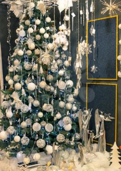 Merry christmas, beautiful xmas tree with decoration, new year. Winter holiday celebration