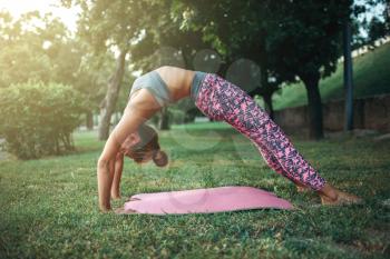 Flexible young woman, yoga exercise on the grass in summer park. Morning yogi meditation, healthy lifestyle