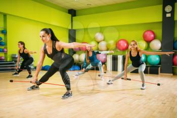 Women group exercising on fitness training. Female sport teamwork in gym. Girs doing fit exercise
