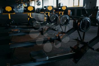 Gym nobody, empty fitness club. Strength training machine. Sport center equipment
