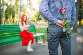 Attracrive woman sits on a bench in park, man with rose stands against. Romantic date of love couple
