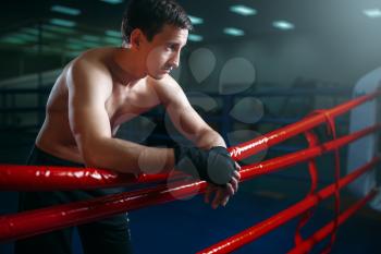 Muscular boxer in black bandages poses on the ring ropes. Boxing workout, mens sport
