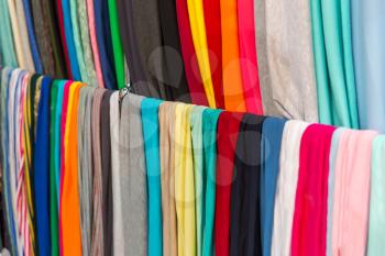 Fabric textile showcase, colorful materials closeup. Clothing factory production