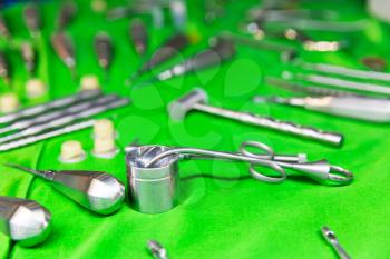 Medicine equipment, dental tools closeup. Dentist cabinet, stomatology. Tooth care mouth hygiene