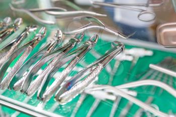 Medicine equipment, dental tools closeup. Dentist cabinet, stomatology. Tooth care mouth hygiene