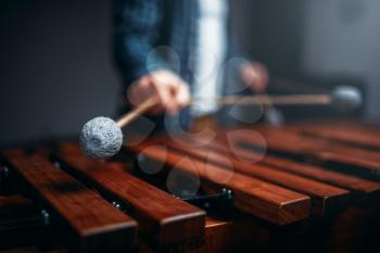 Xylophone player hands with sticks, wooden sounds. Musical percussion instrument, vibraphone
