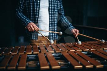 Xylophone player hands with sticks, wooden sounds. Musical percussion instrument