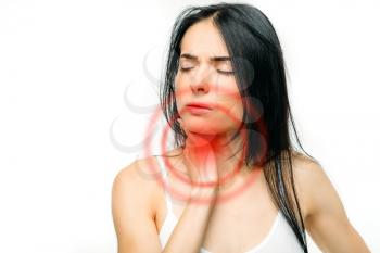 Sore throat, sick woman, white background. Female person in lingerie, medical advertising or concept