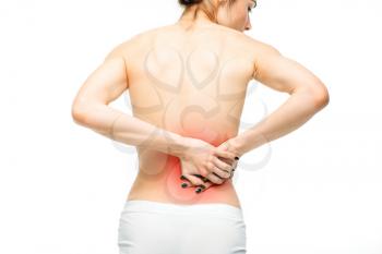 Kidneys pain, female person with backache isolated on white background. Woman in lingerie, medical advertising or concept
