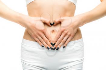 Female person stomach, white background, healthcare, medicine advertising or concept