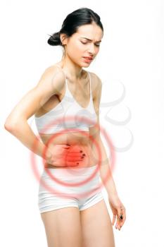 Liver pain, female person with flank problem isolated on white background. Woman in lingerie, medical advertising or concept