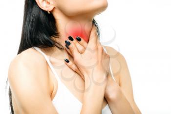 Sore throat, painful woman, white background. Female person in lingerie, medical advertising or concept
