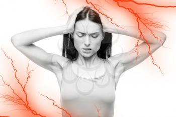 Headache, sick woman with temples pain, red nerve effect, white background. Female person in lingerie, medical advertising or concept