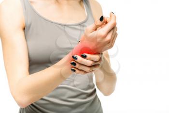 Joint pain, painful woman with hand injury, white background. Female person in lingerie, medical advertising or concept