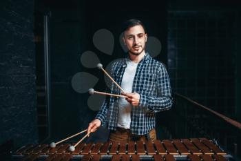 Young male xylophone player with sticks in hands, wooden sounds. Musical percussion instrument, vibraphone