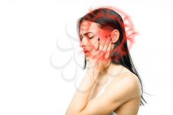 Headache, woman with temple pain isolated on white background. Female person in lingerie, medical advertising or concept