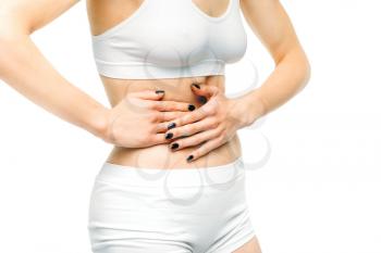 Liver pain, female person with injury isolated on white background. Woman in lingerie, medical advertising or concept