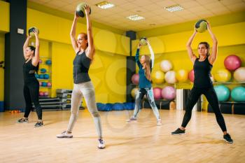 Women group with balls on fitness training. Female sport teamwork in gym. Fit exercise, aerobic