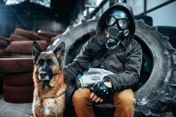 Stalker in gas mask and dog, friends in post apocalyptic world. Post-apocalypse lifestyle on ruins, doomsday, judgment day 