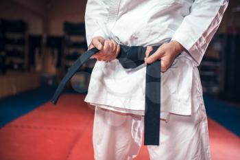 Martial arts karate, male person in white kimono with black belt, karate training in gym