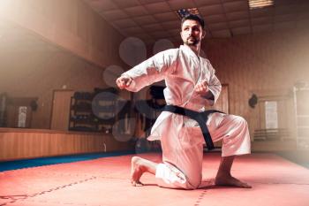Martial arts karate master in white kimono and black belt on fight training in gym practicing kata