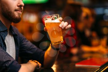 Young man drinks beer at the bar counter in a sport pub,