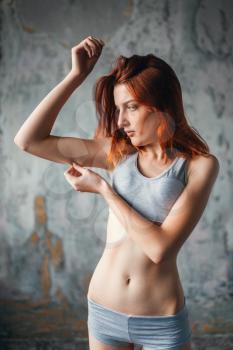 Anorexic sick woman, weight loss, anorexia. Fat or calories burning concept, medical illness 