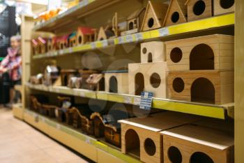 Inside pet store, shelves with accessories, market for domestic animals, nobody. Petshop variety, no people