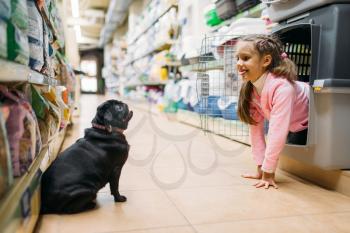 Little girl plays with puppy in pet shop, friendship. Kid with dog chooses carrier in petshop, caring for domestic animals