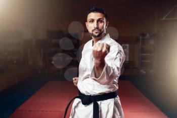 Martial arts, fighter in white kimono with black belt, karate training in gym