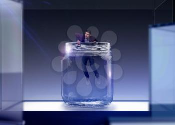 Fear of loneliness concept, man is trying to get out of big glass. Depression of alone people