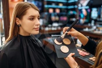 Visagiste applies powder with a brush, woman in makeup shop. Female client in beauty salon