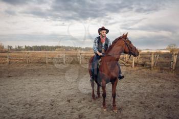 Cowboy riding a horse on a ranch, western. Vintage male person on horseback, wild west adventure 
