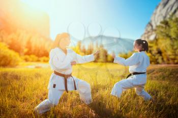 Two female karate in kimono training combat skill in summer field. Martial art workout outdoor, technique practice, photo manipulation with background
