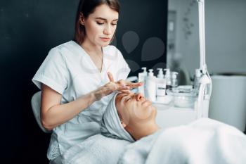Beautician rubs the cream on female patient face, cosmetology clinic. Facial skincare, rejuvenation procedure in spa salon