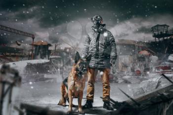 Stalker soldier in gas mask and dog against ruined buildings, radioactive zone, post apocalyptic world. Post-apocalypse lifestyle on ruins, doomsday, judgment day