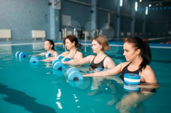 Female group doing exercise with dumbbells on aqua aerobics workout in swimming pool. Women in swimwear on training, water sport 