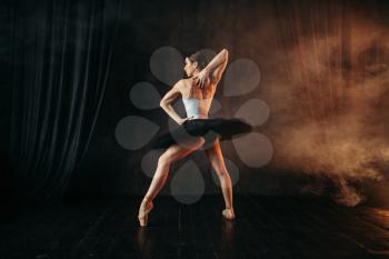 Attractive ballerina in action, dance training on the stage. Classical ballet dancer in motion