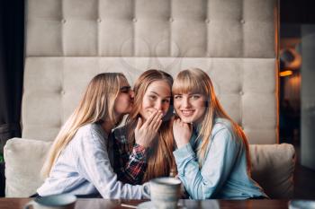 Three attractive girlfriends hugs together in cafe. Female friends sitting in restaurant on couch and drinks coffee, gossipers meeting