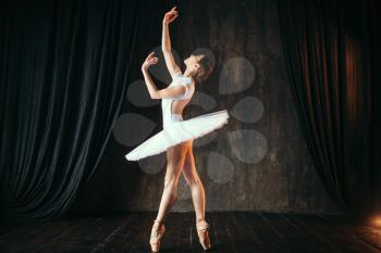 Beautiful graceful ballerina dancing in class. Ballet dancer training on the stage