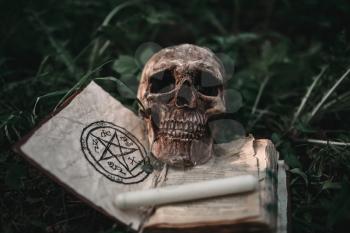 Opened black magic book with occult symbols and human skull on the grass in forest. Exorcism and supernatural rituals