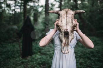 Female victim in white dress with skull of the animal instead of the head in the forest, death in a black hoodie and with a scythe on background. Photo in horror style, exorcism
