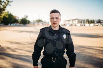 Male police officer in uniform on the road. Law protection, car traffic inspector, safety control job