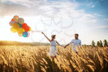 Happy husband and wife with bunch of balloons walks in wheat field. Pretty couple leisure on summer meadow