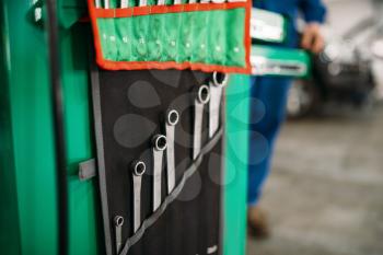 Car service tool box, spanners in the case closeup, professional instrument. Vehicle repairman equipment, nobody
